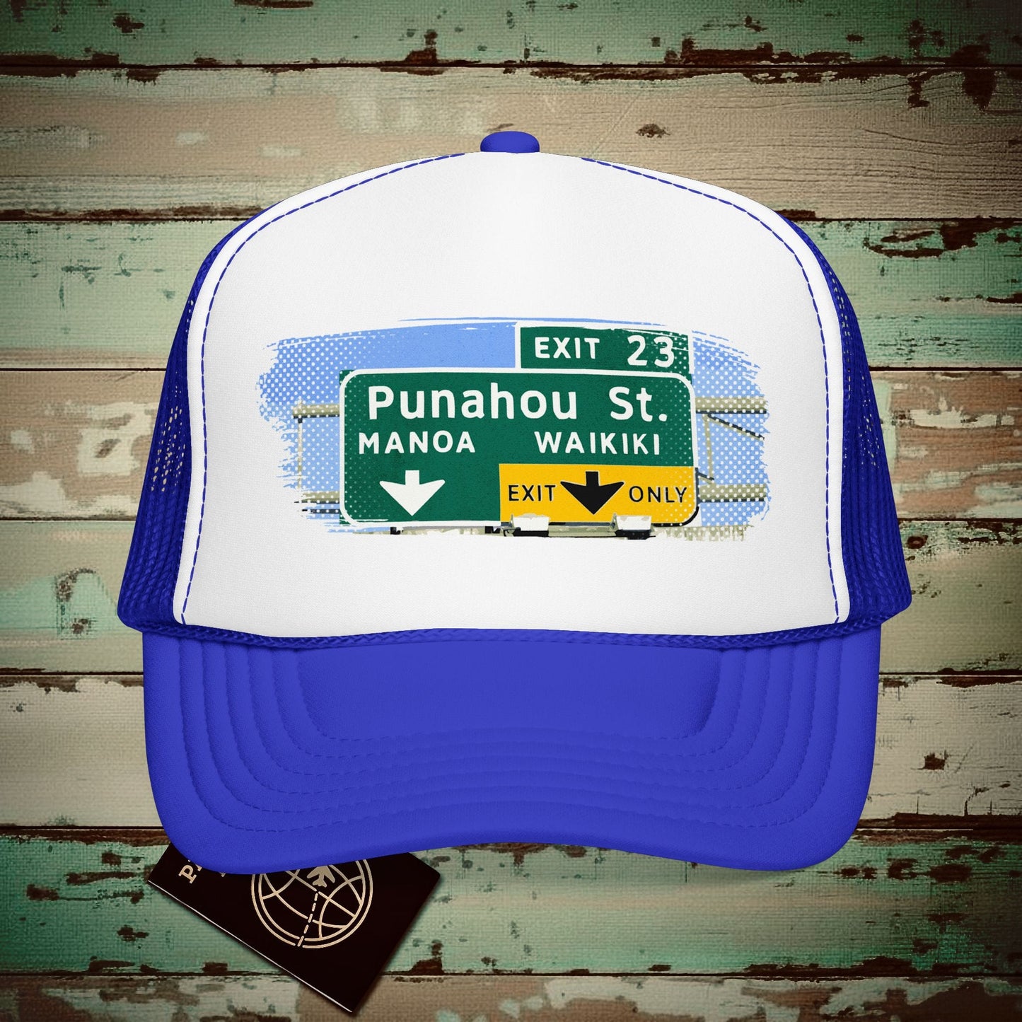 Signs of Wanderlust, Waikiki, Exit Only, Hawaii Trucker Hat Royal / White / Royal / One size