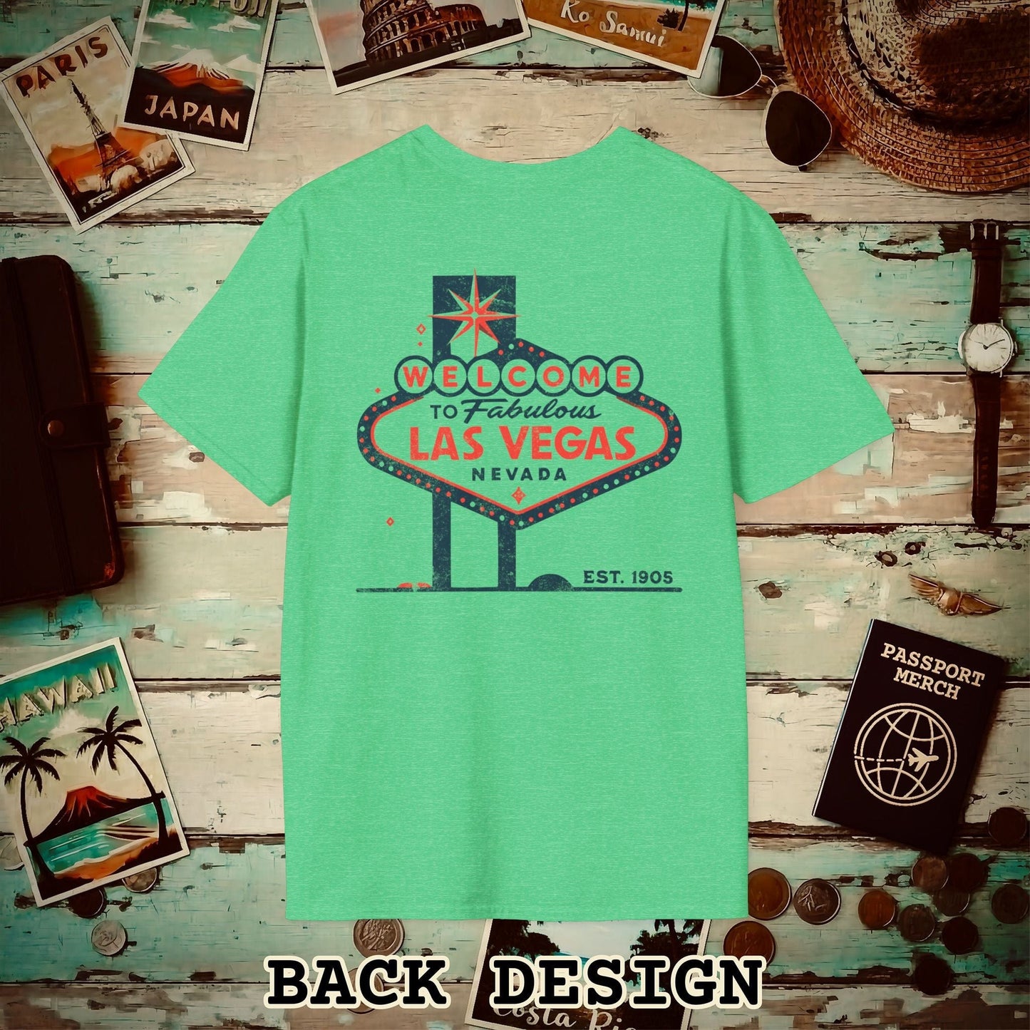 Signs of Wanderlust, Welcome to Las Vegas, Nevada Back Print T-Shirt Heather Irish Green / S