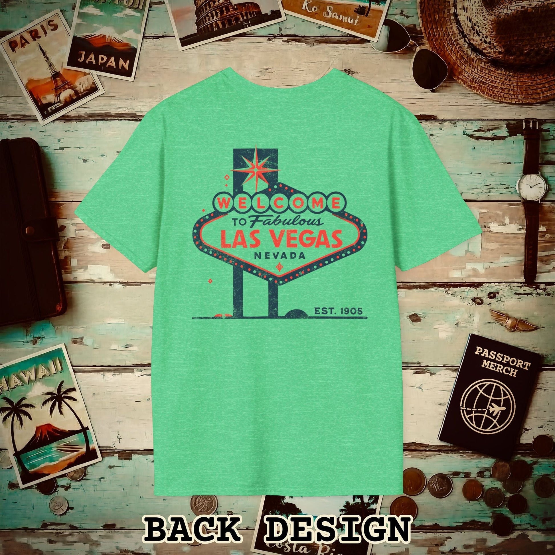 Signs of Wanderlust, Welcome to Las Vegas, Nevada Back Print T-Shirt Heather Irish Green / S