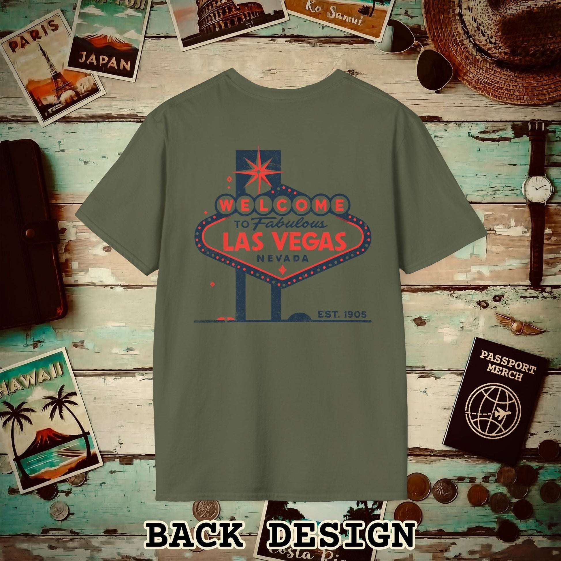 Signs of Wanderlust, Welcome to Las Vegas, Nevada Back Print T-Shirt Military Green / S