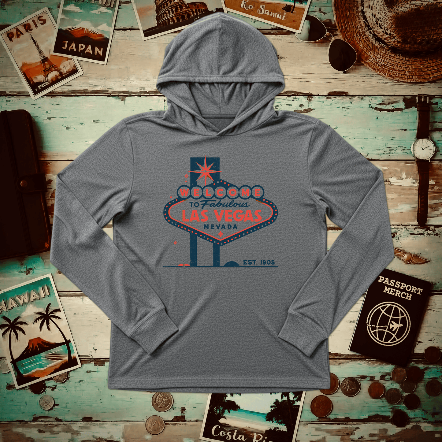 Signs of Wanderlust, Welcome to Las Vegas, Nevada Hooded Long Sleeve Grey TriBlend / XS