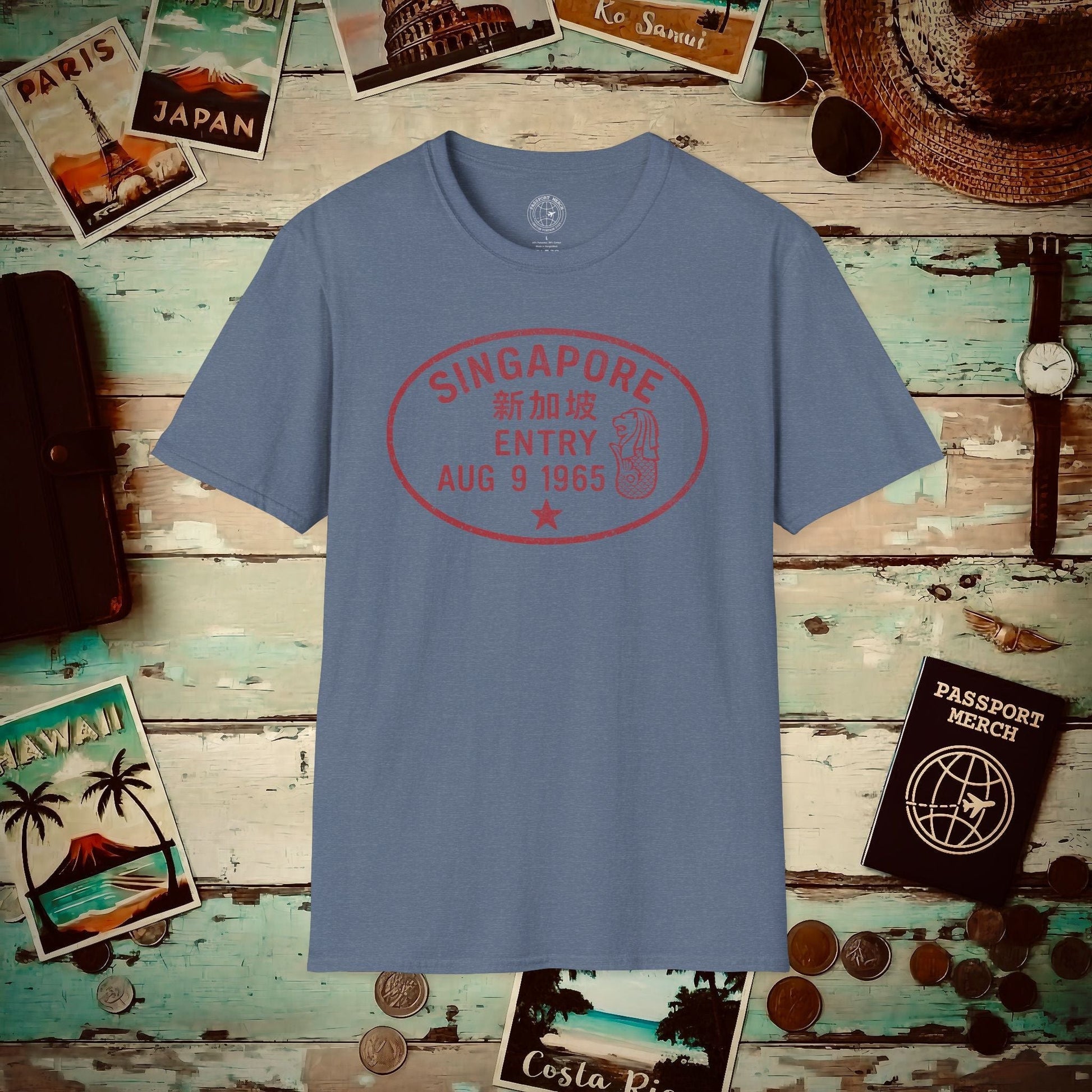 Singapore - Vintage Passport Stamp T-Shirt Heather Indigo / S