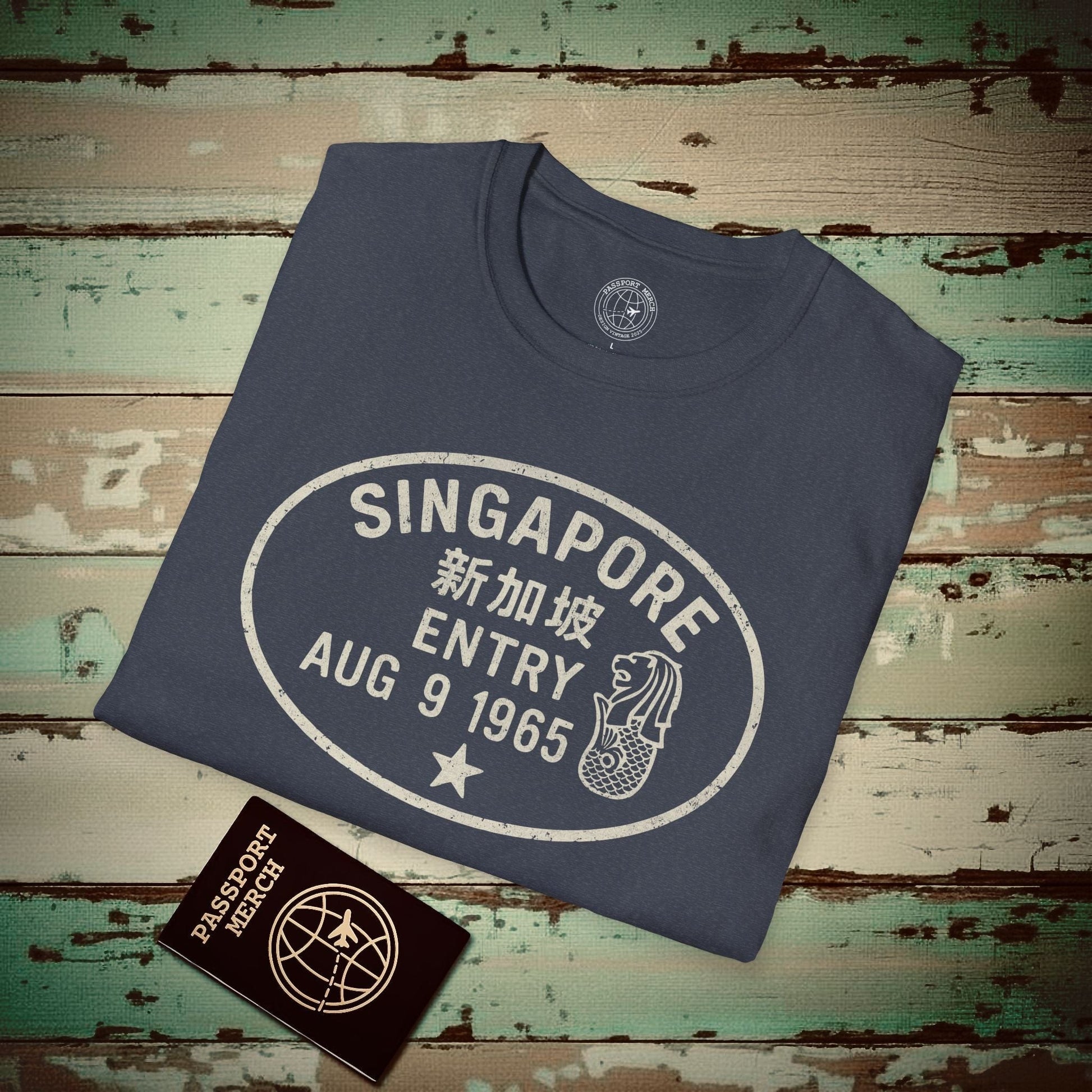 Singapore - Vintage Passport Stamp T-Shirt Heather Navy / S