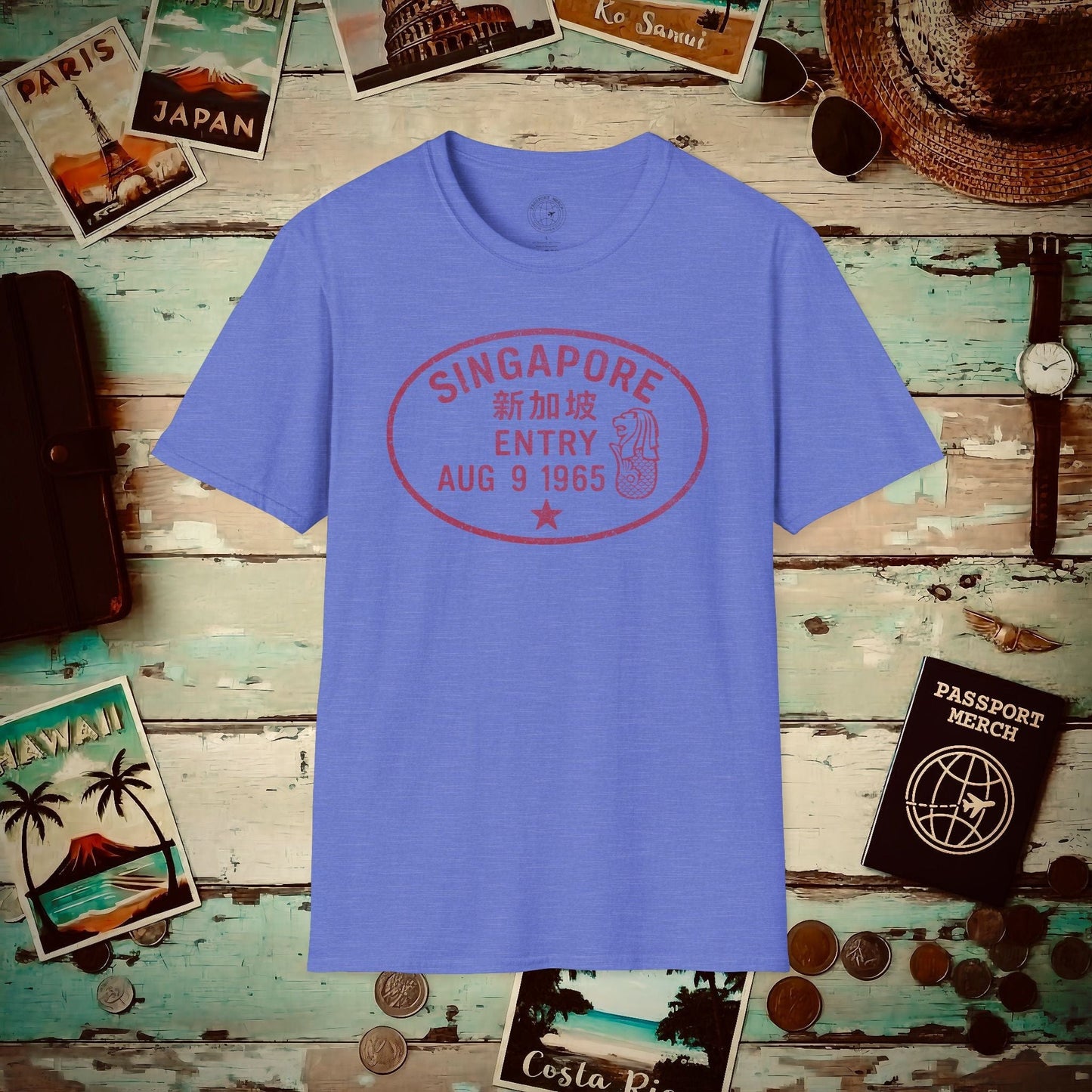 Singapore - Vintage Passport Stamp T-Shirt Heather Royal / S