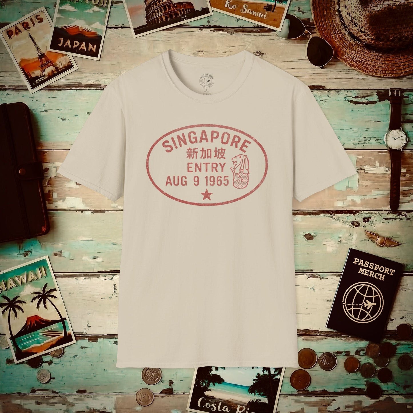 Singapore - Vintage Passport Stamp T-Shirt Sand / S