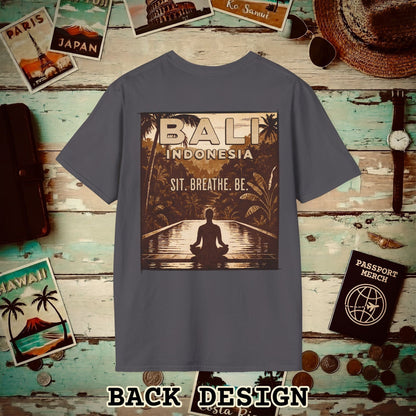 Sit. Breathe. Be. Bali, Indonesia, Back Print T-Shirt Charcoal / S