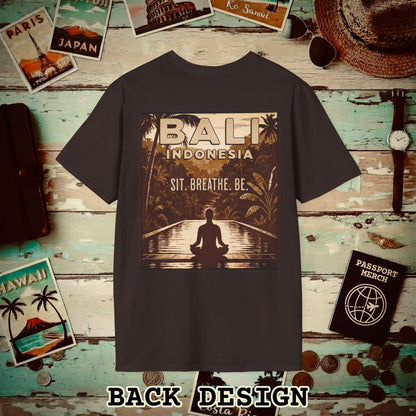 Sit. Breathe. Be. Bali, Indonesia, Back Print T-Shirt Dark Chocolate / S