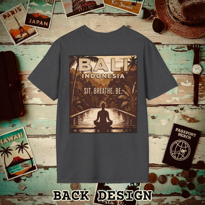 Sit. Breathe. Be. Bali, Indonesia, Back Print T-Shirt Dark Heather / S