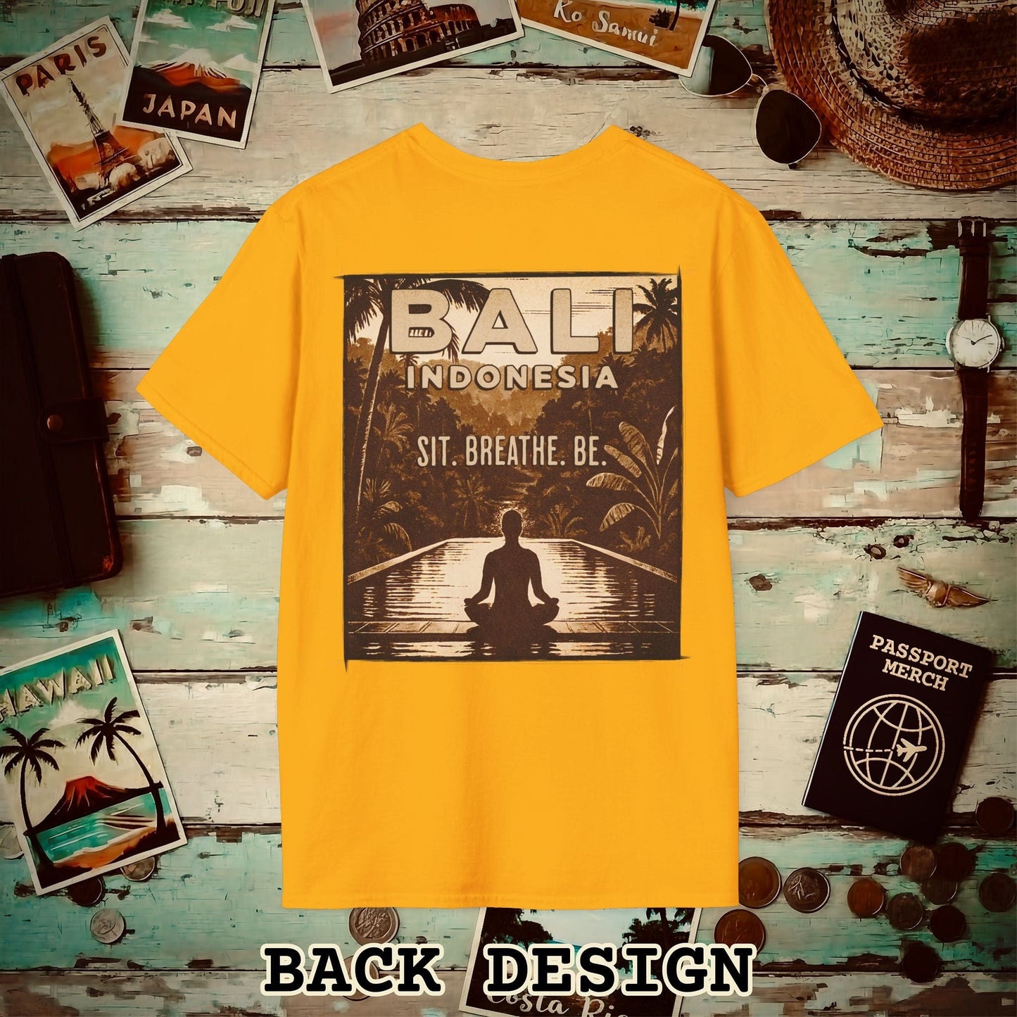 Sit. Breathe. Be. Bali, Indonesia, Back Print T-Shirt Gold / S