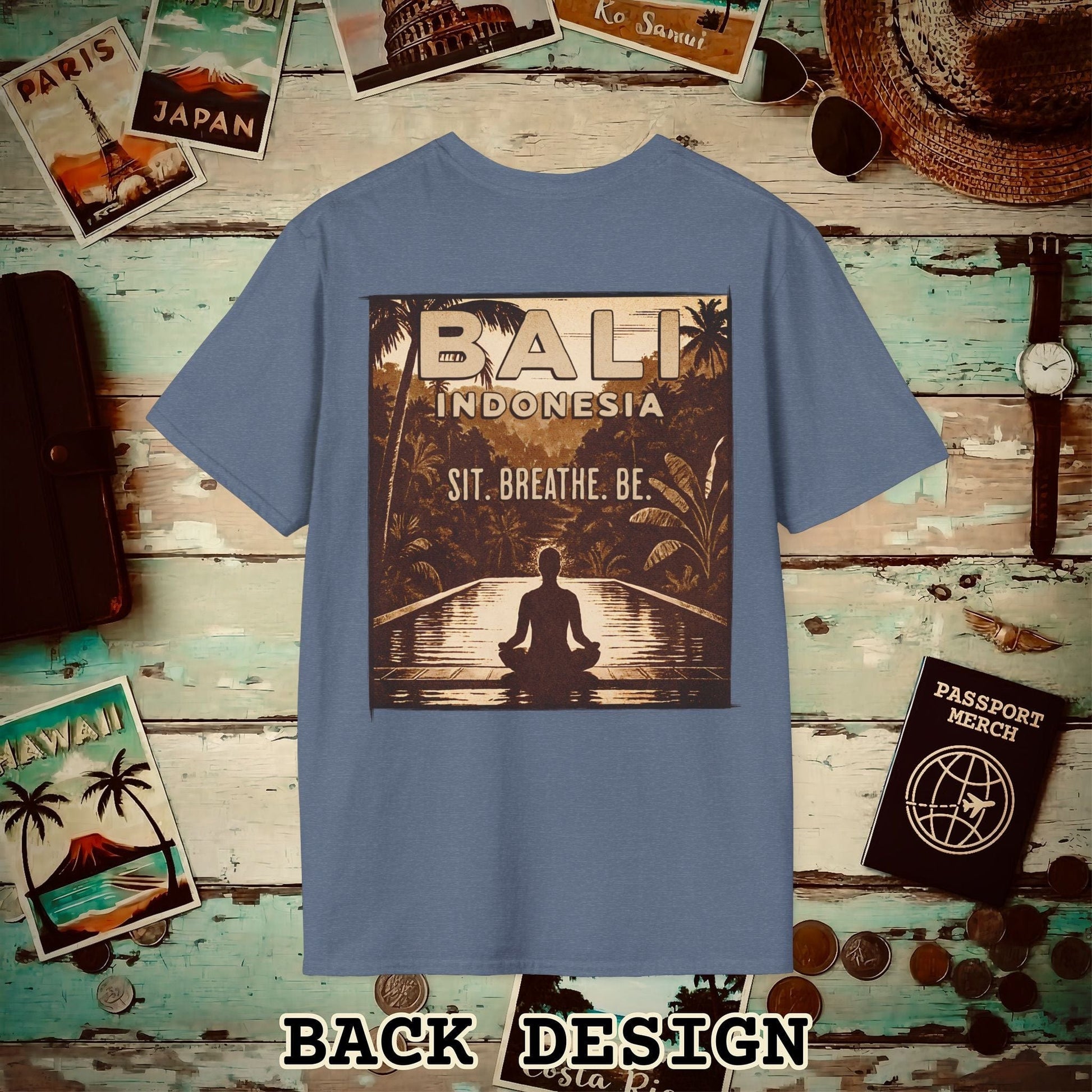 Sit. Breathe. Be. Bali, Indonesia, Back Print T-Shirt Heather Indigo / S