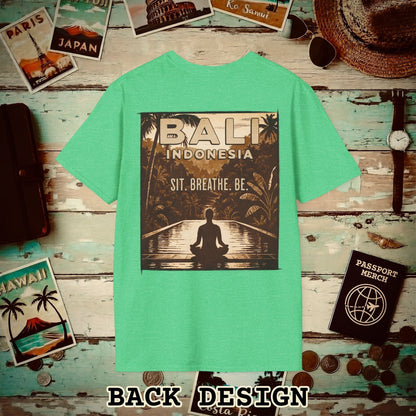 Sit. Breathe. Be. Bali, Indonesia, Back Print T-Shirt Heather Irish Green / S