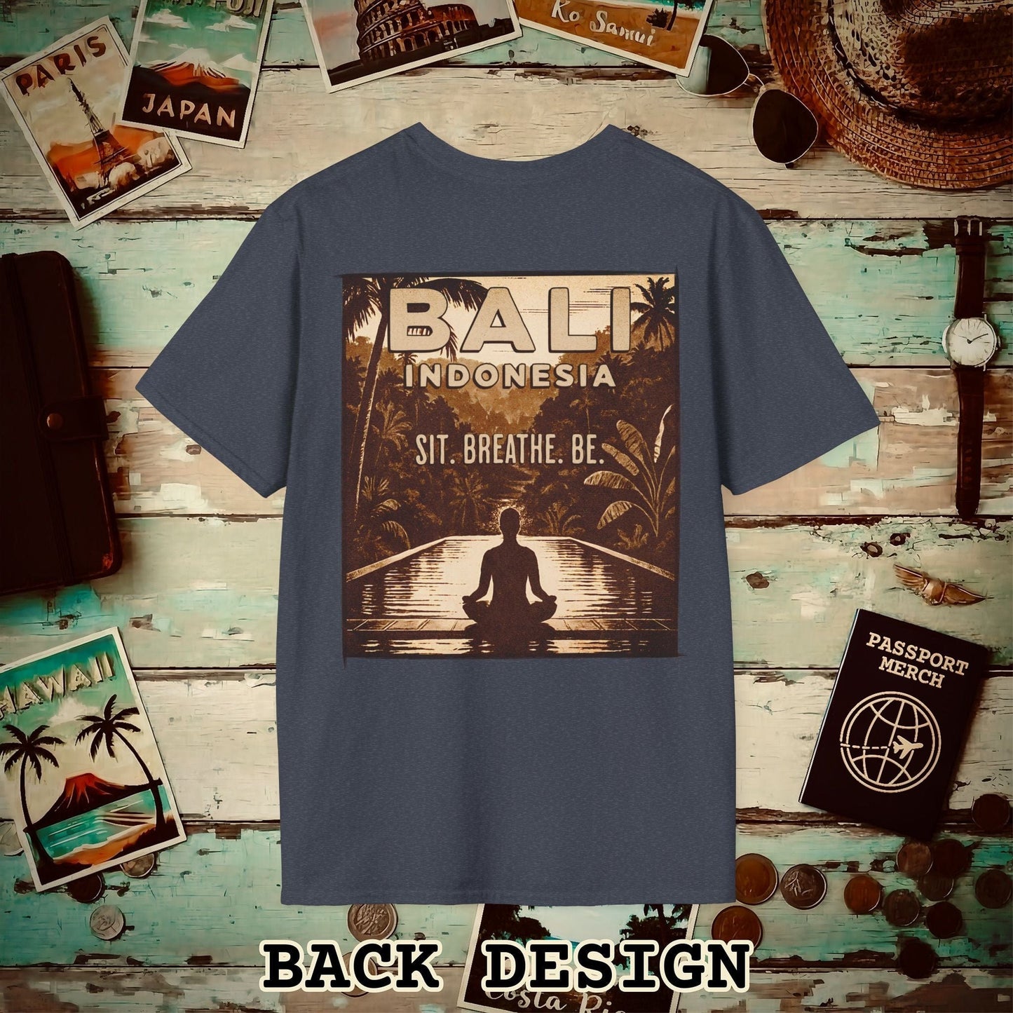Sit. Breathe. Be. Bali, Indonesia, Back Print T-Shirt Heather Navy / S