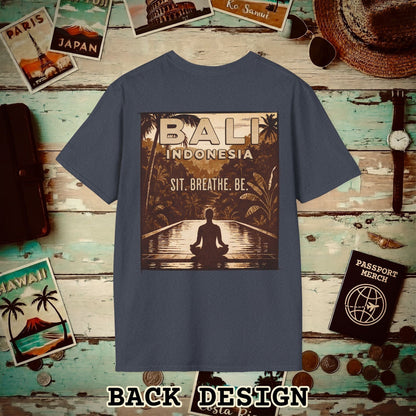 Sit. Breathe. Be. Bali, Indonesia, Back Print T-Shirt Heather Navy / S