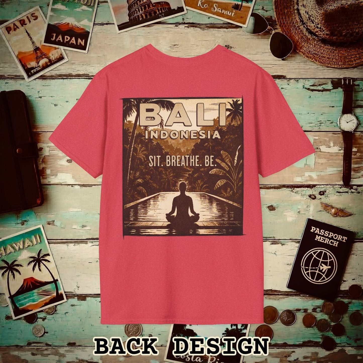 Sit. Breathe. Be. Bali, Indonesia, Back Print T-Shirt Heather Red / S
