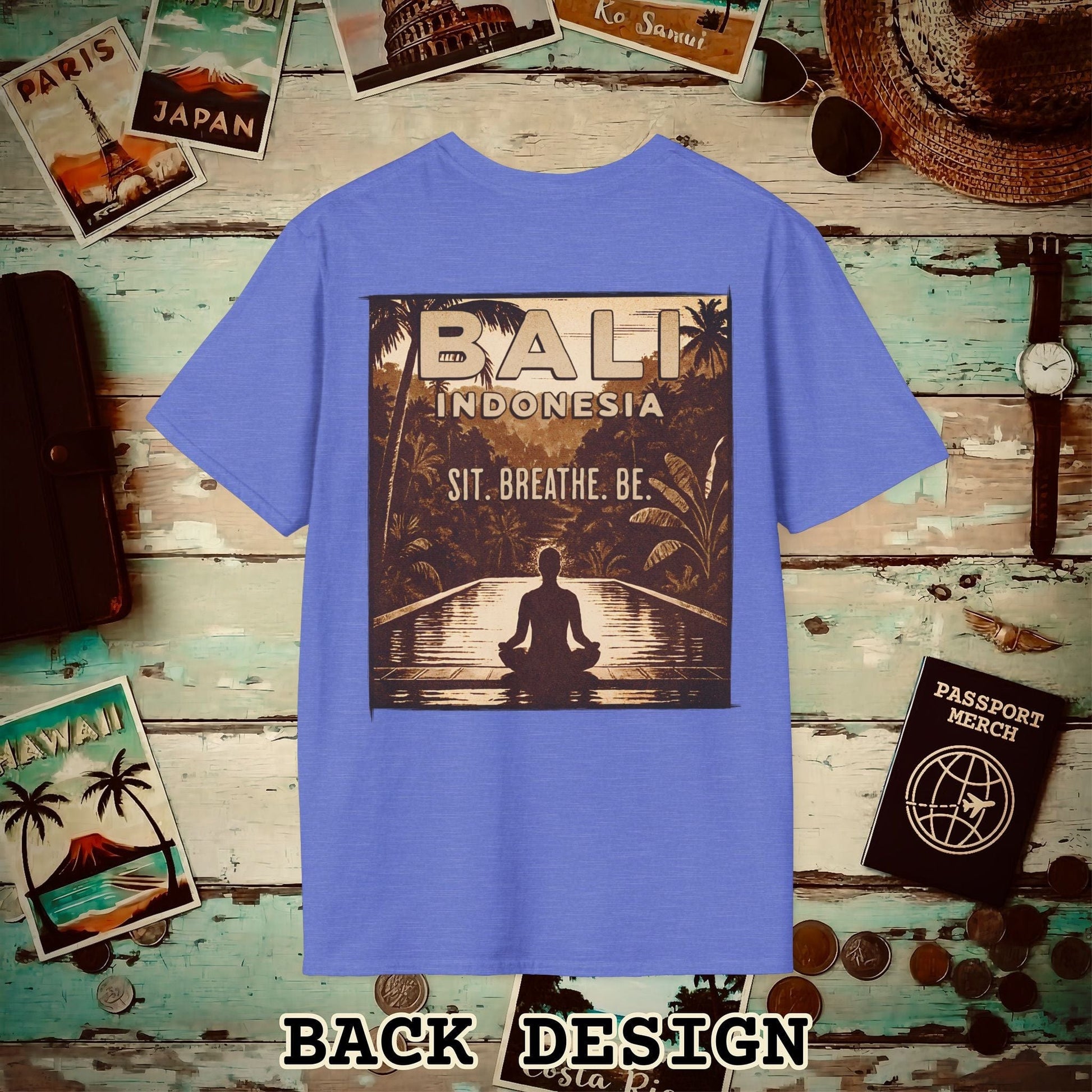 Sit. Breathe. Be. Bali, Indonesia, Back Print T-Shirt Heather Royal / S