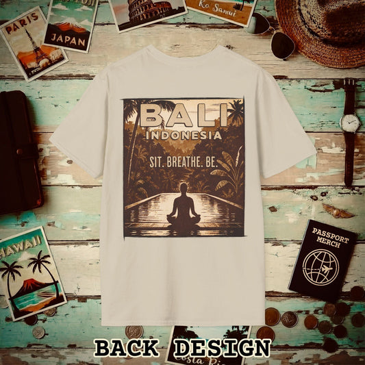 Sit. Breathe. Be. Bali, Indonesia, Back Print T-Shirt Sand / S