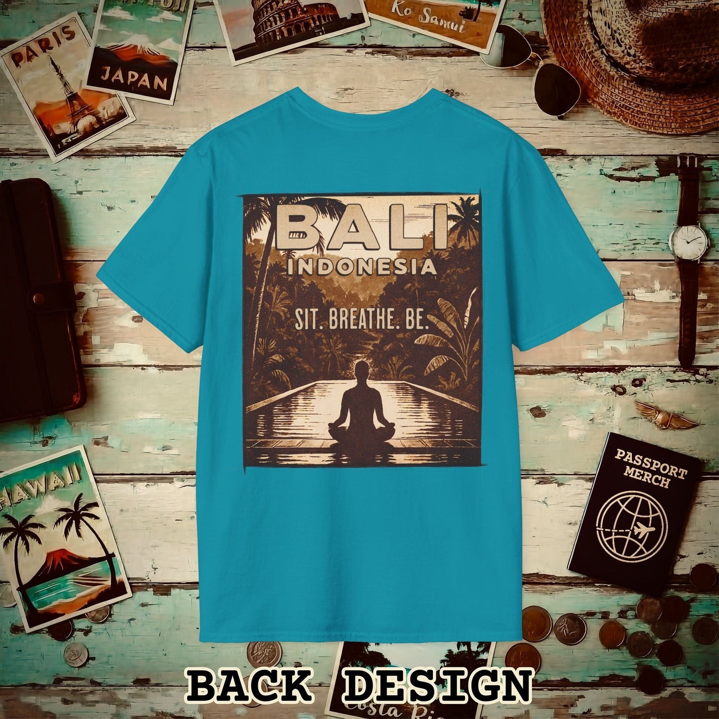 Sit. Breathe. Be. Bali, Indonesia, Back Print T-Shirt Tropical Blue / S
