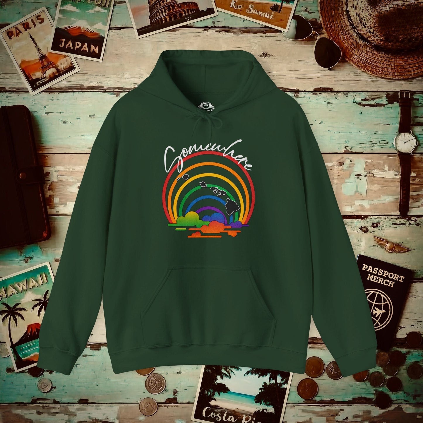 Somewhere Over the Rainbow Hawaii Hoodie Forest Green / S
