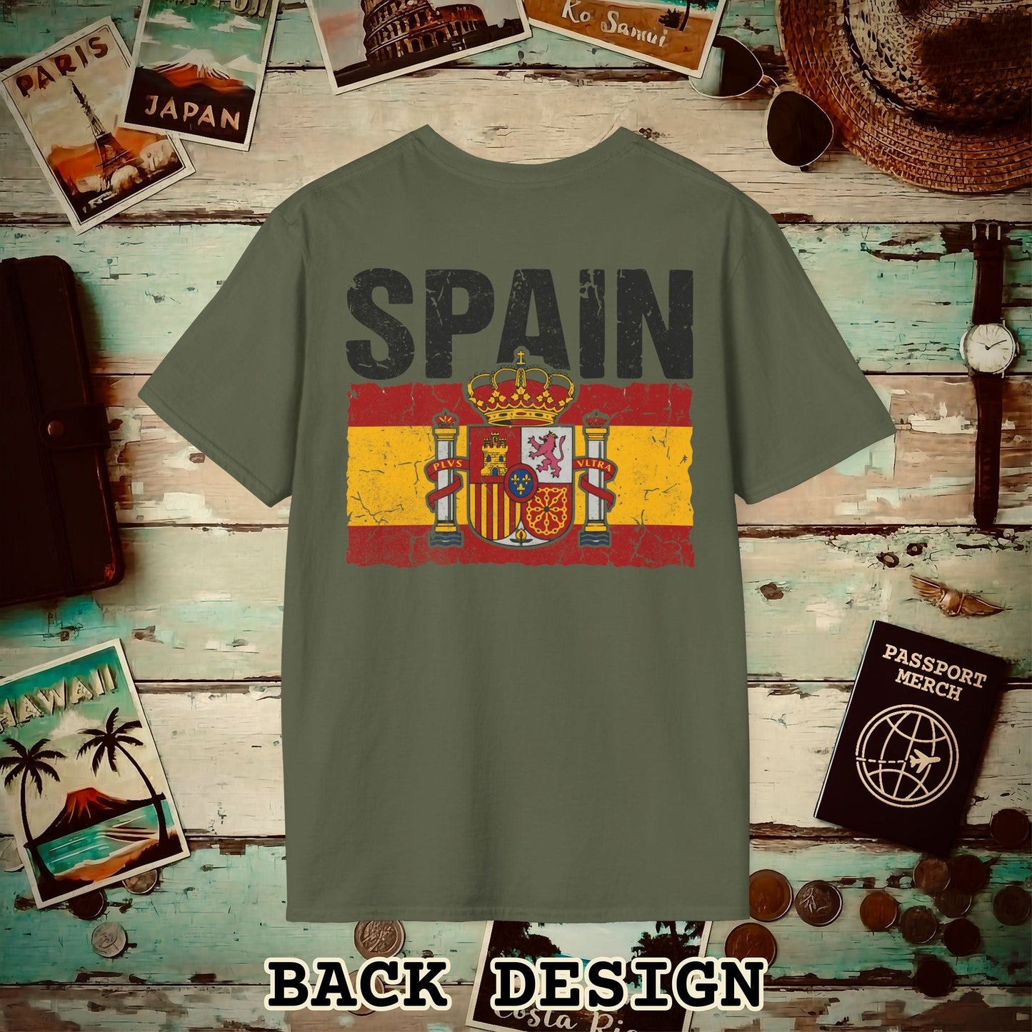Spain Vintage Flag Back Print T-Shirt Military Green / S