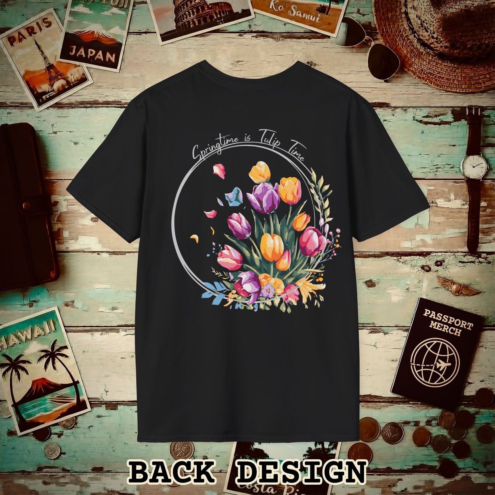 Springtime is Tulip Time in Holland, Back Print T-Shirt Black / S