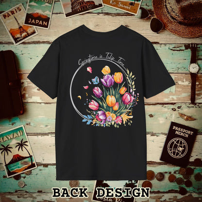 Springtime is Tulip Time in Holland, Back Print T-Shirt Black / S