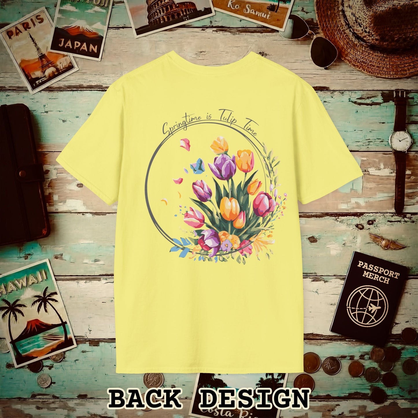 Springtime is Tulip Time in Holland, Back Print T-Shirt Cornsilk / S