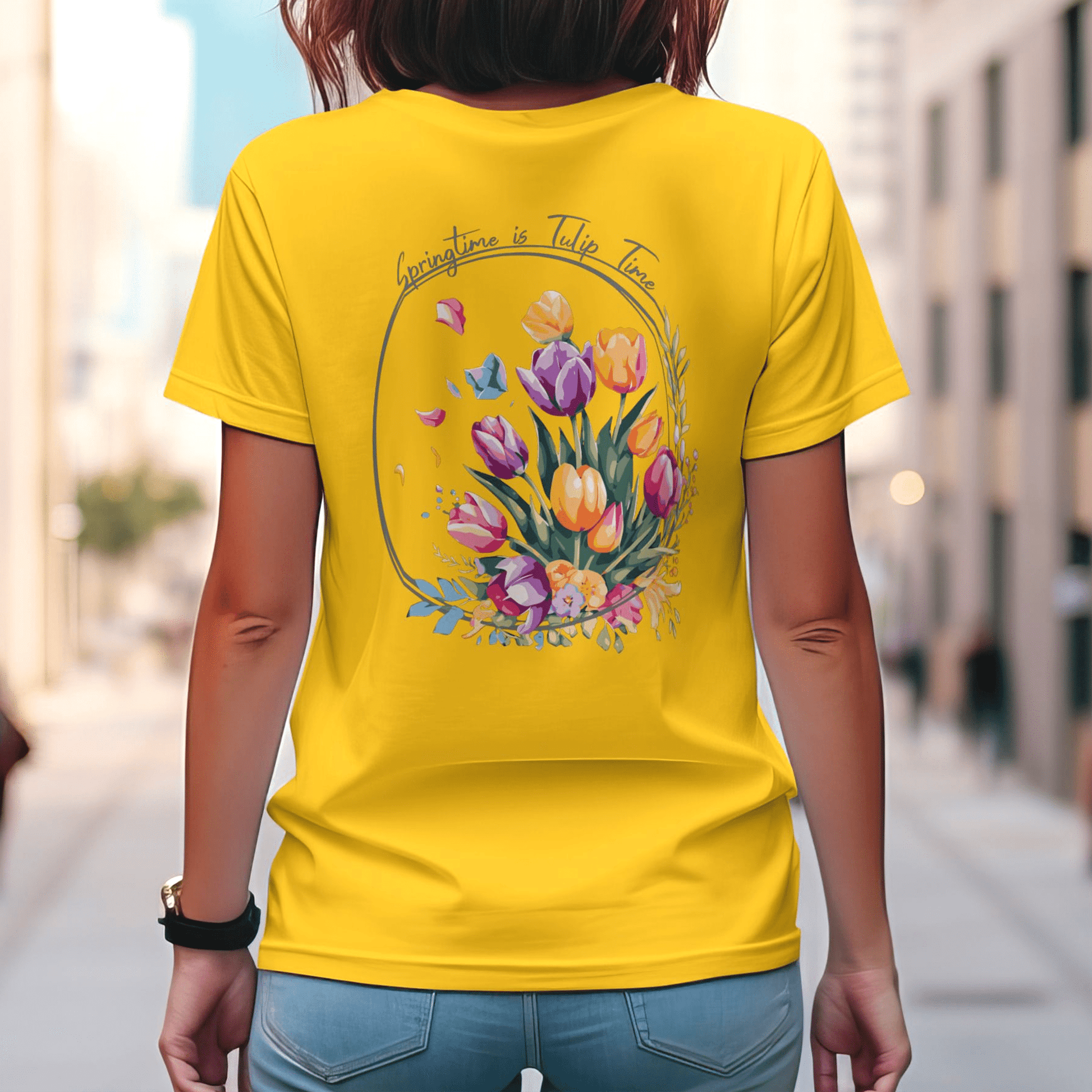 Springtime is Tulip Time in Holland, Back Print T-Shirt Daisy / S