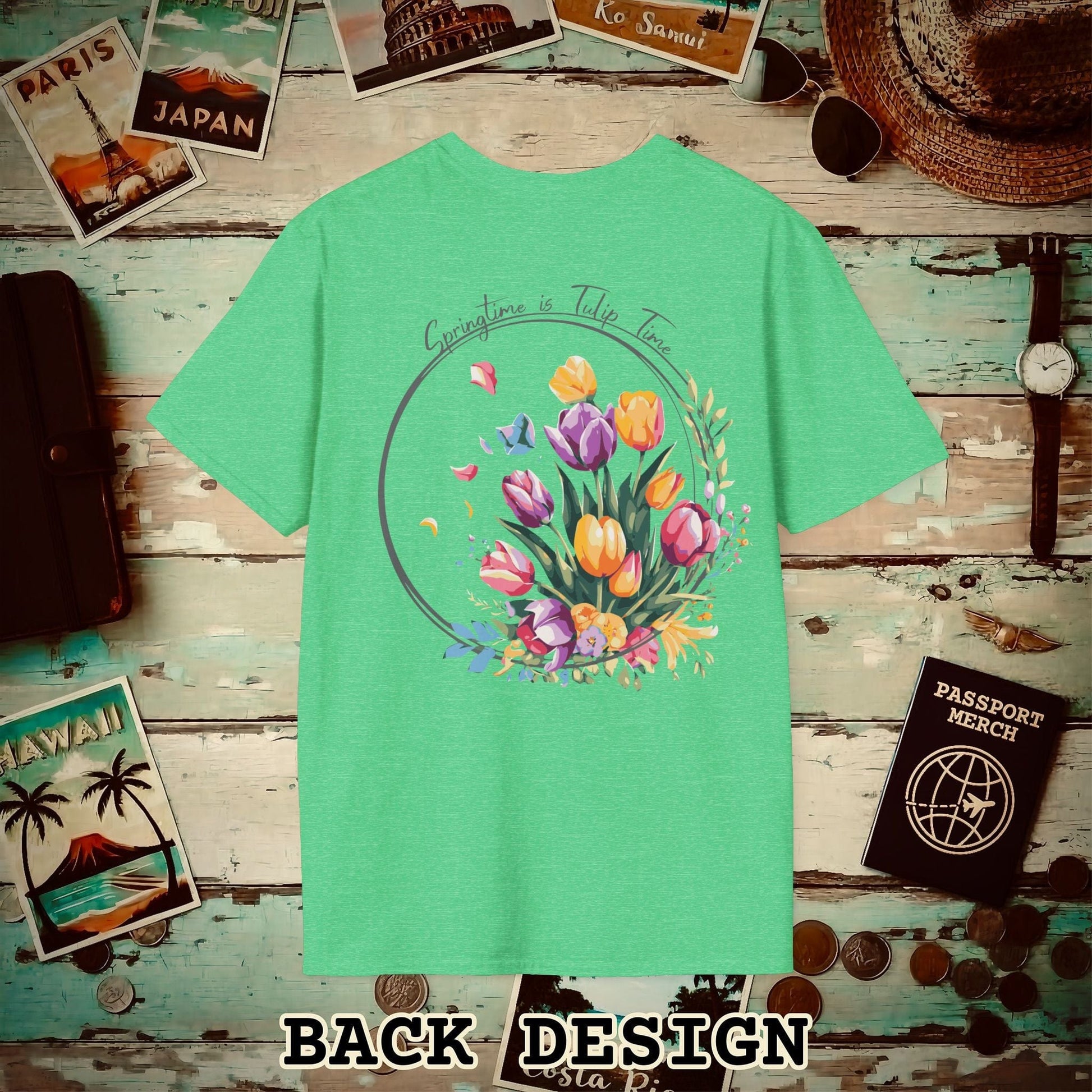 Springtime is Tulip Time in Holland, Back Print T-Shirt Heather Irish Green / S