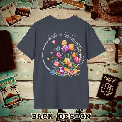 Springtime is Tulip Time in Holland, Back Print T-Shirt Heather Navy / S