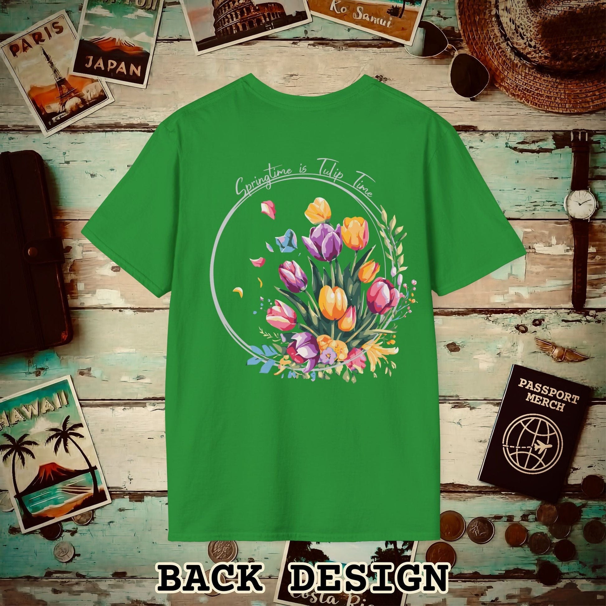 Springtime is Tulip Time in Holland, Back Print T-Shirt Irish Green / S