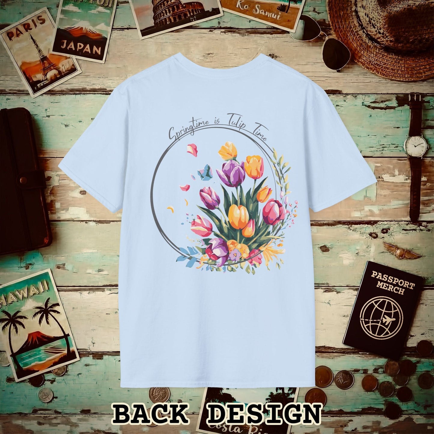 Springtime is Tulip Time in Holland, Back Print T-Shirt Light Blue / S