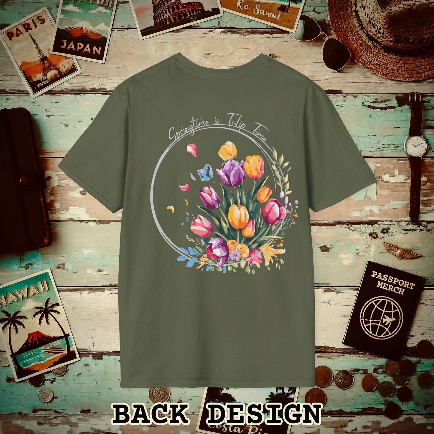 Springtime is Tulip Time in Holland, Back Print T-Shirt Military Green / S