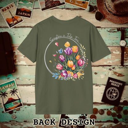 Springtime is Tulip Time in Holland, Back Print T-Shirt Military Green / S