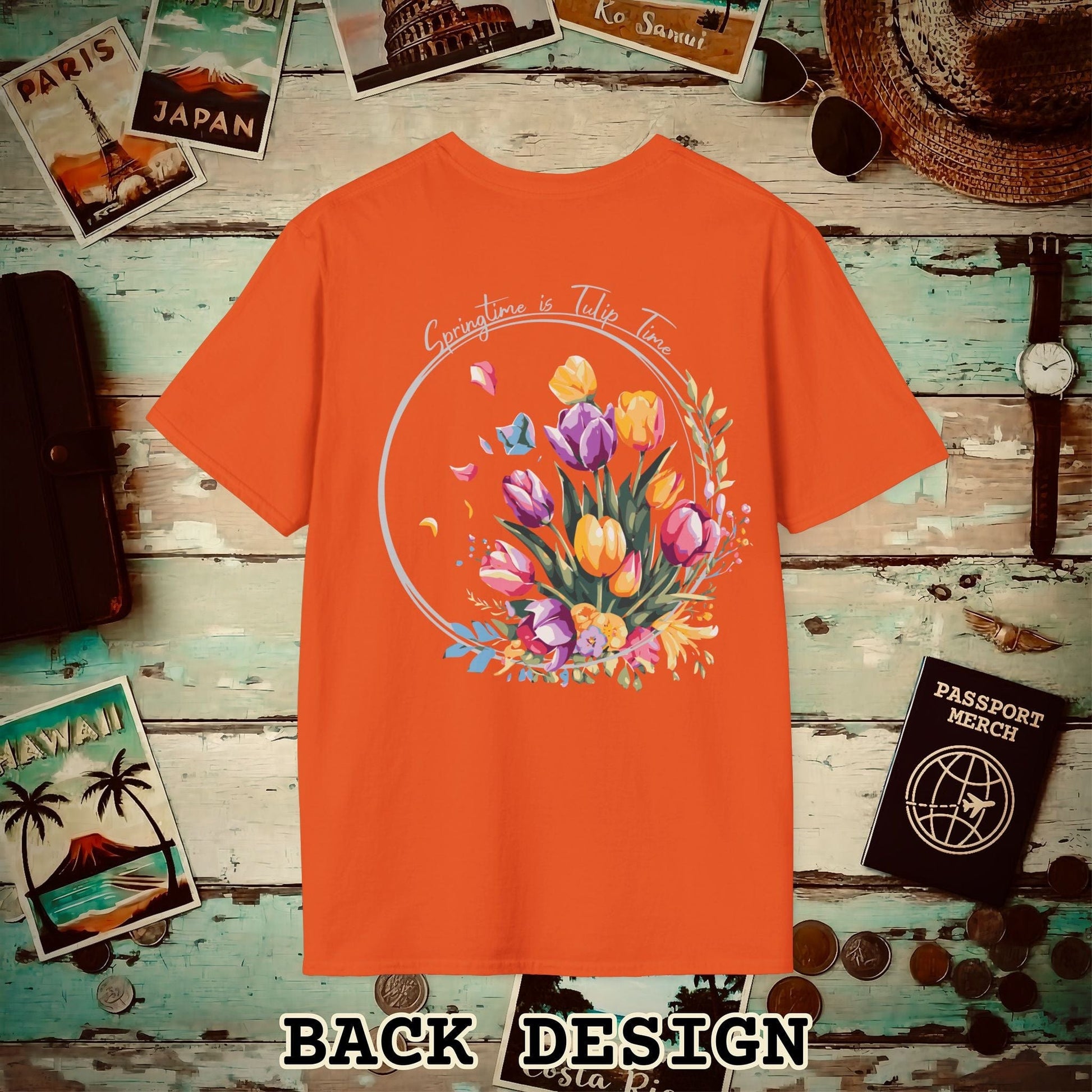 Springtime is Tulip Time in Holland, Back Print T-Shirt Orange / S