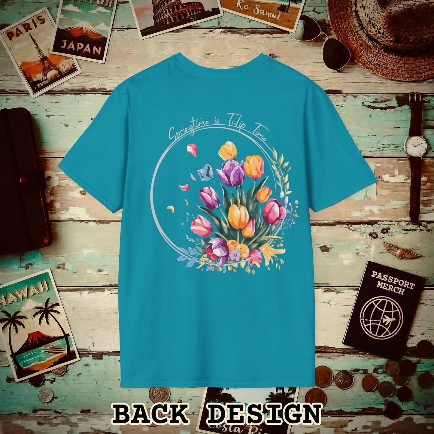 Springtime is Tulip Time in Holland, Back Print T-Shirt Tropical Blue / S