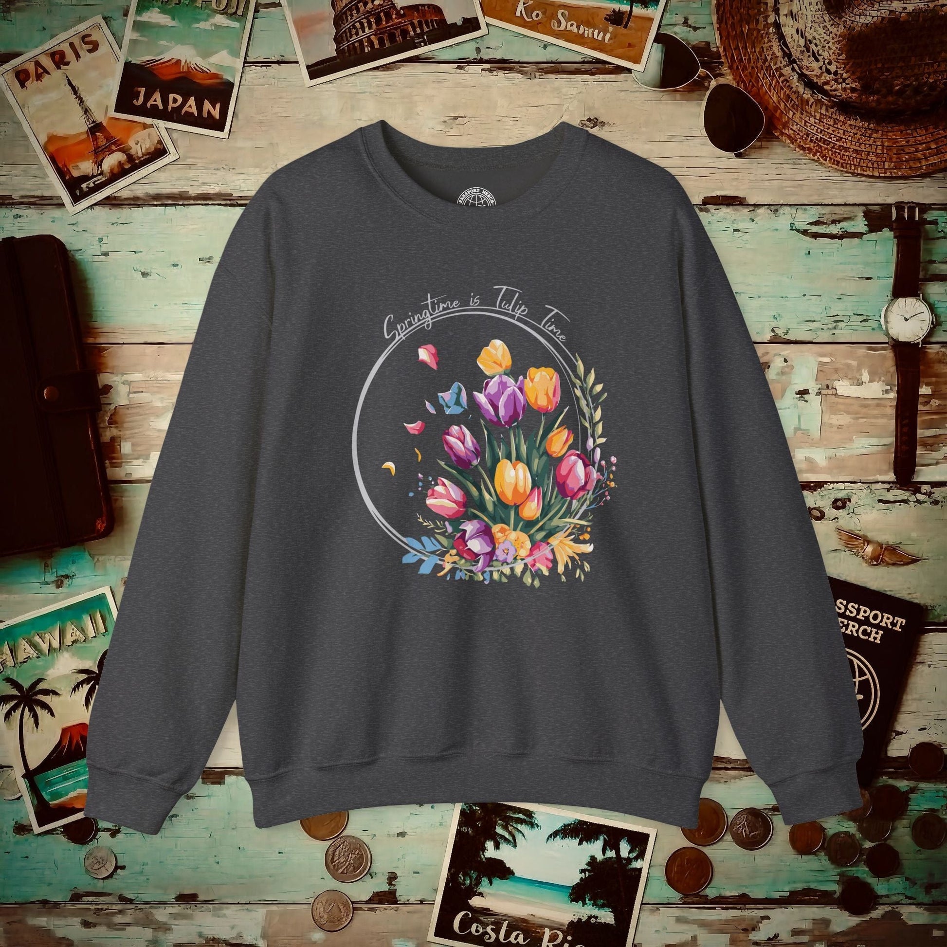 Springtime is Tulip Time in Holland (Europe & Michigan) Crewneck Dark Heather / S