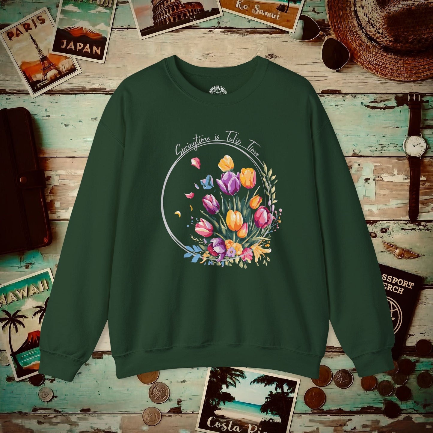 Springtime is Tulip Time in Holland (Europe & Michigan) Crewneck Forest Green / S