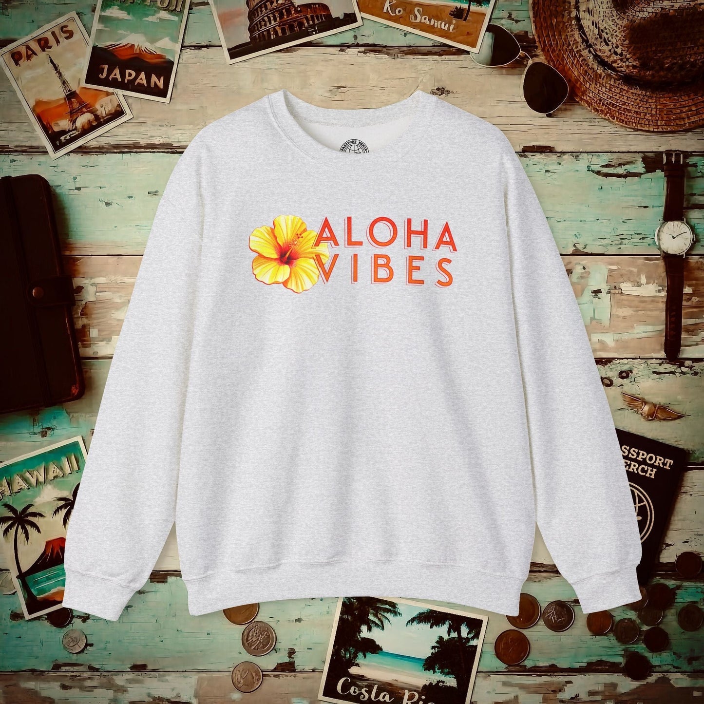 Sun-Kissed Hibiscus Aloha Vibes, Hawaii Crewneck Ash / S