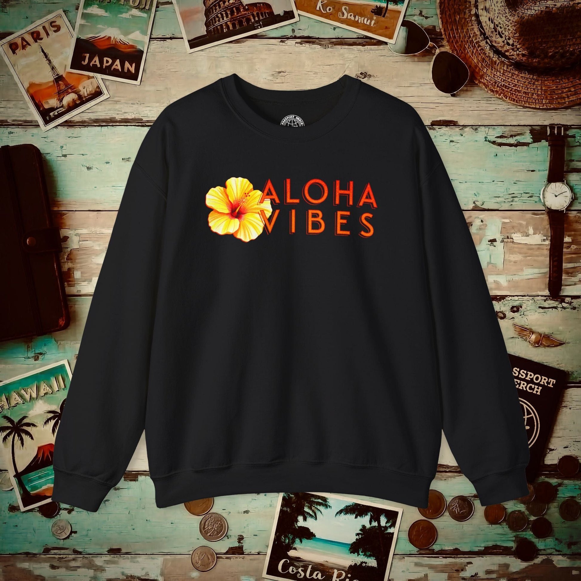 Sun-Kissed Hibiscus Aloha Vibes, Hawaii Crewneck Black / S