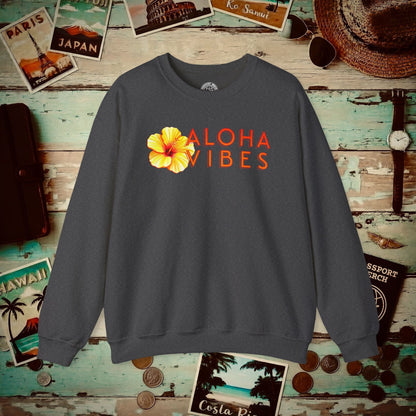 Sun-Kissed Hibiscus Aloha Vibes, Hawaii Crewneck Dark Heather / S
