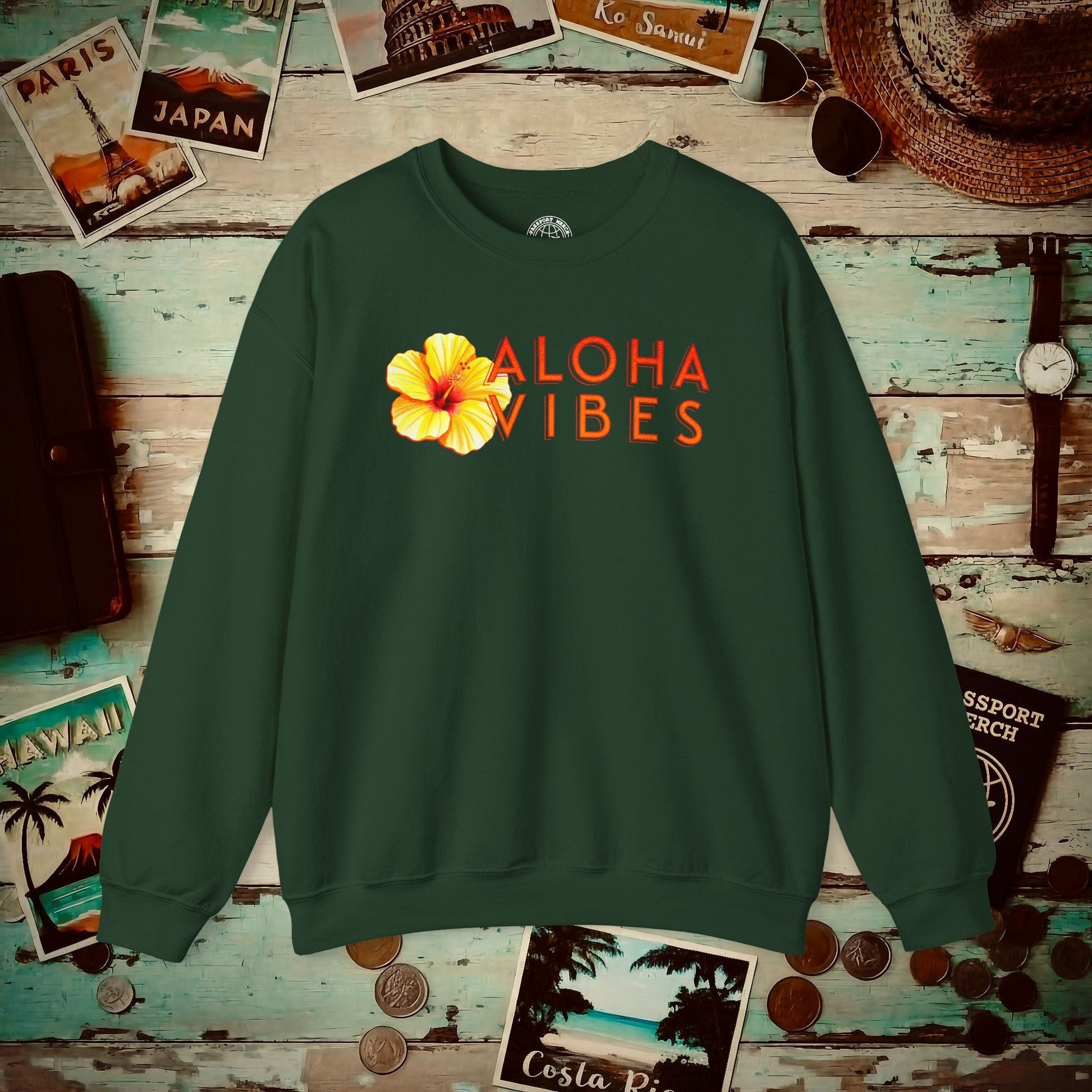 Sun-Kissed Hibiscus Aloha Vibes, Hawaii Crewneck Forest Green / S