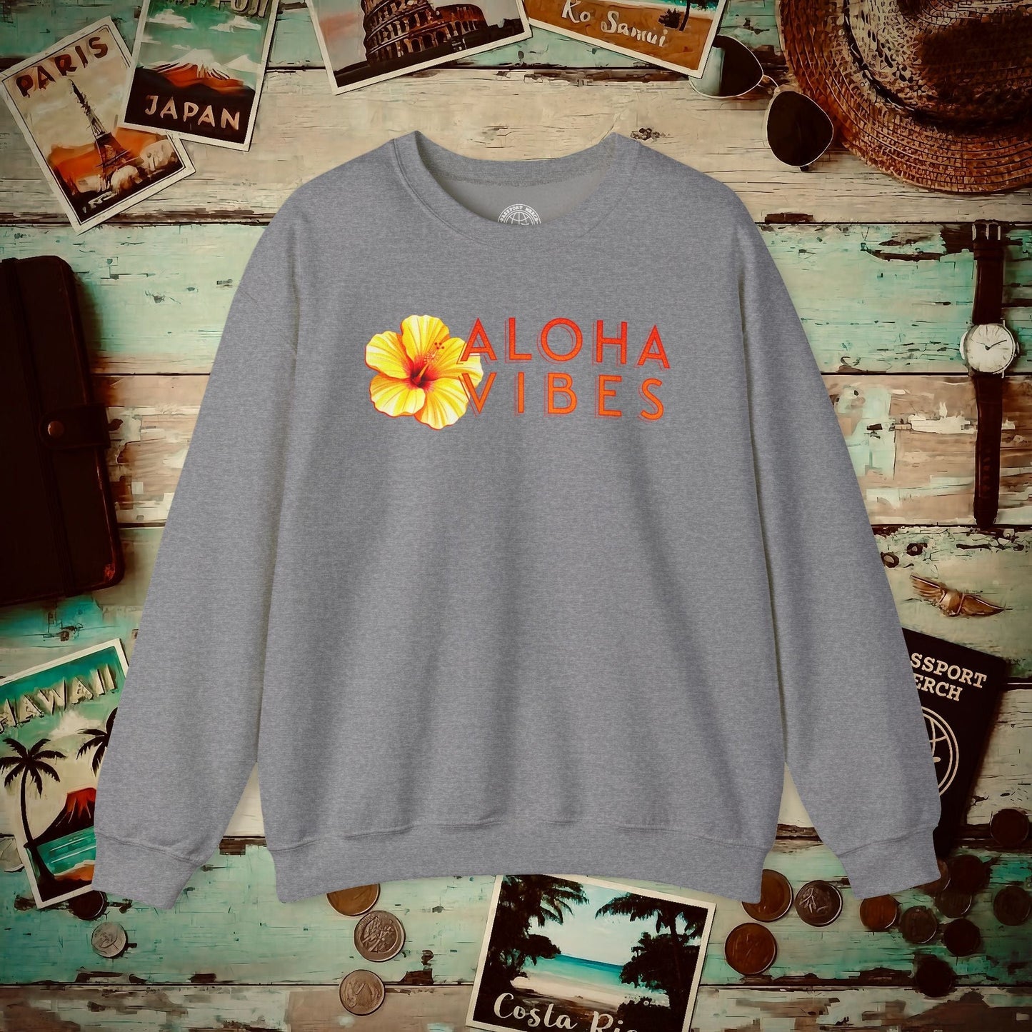 Sun-Kissed Hibiscus Aloha Vibes, Hawaii Crewneck Graphite Heather / S
