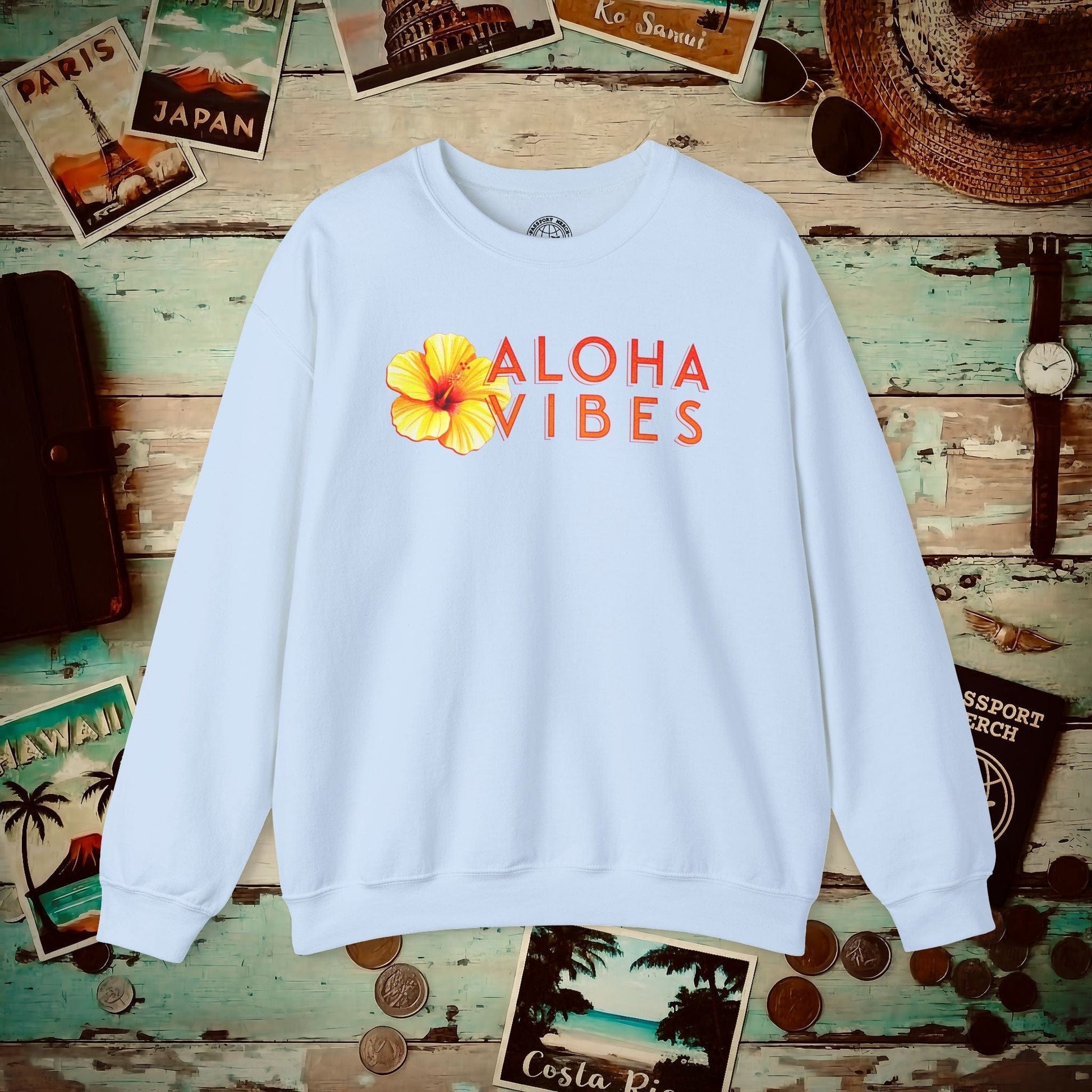 Sun-Kissed Hibiscus Aloha Vibes, Hawaii Crewneck Light Blue / S