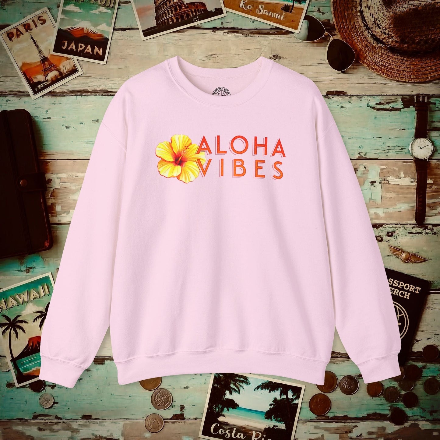 Sun-Kissed Hibiscus Aloha Vibes, Hawaii Crewneck Light Pink / S