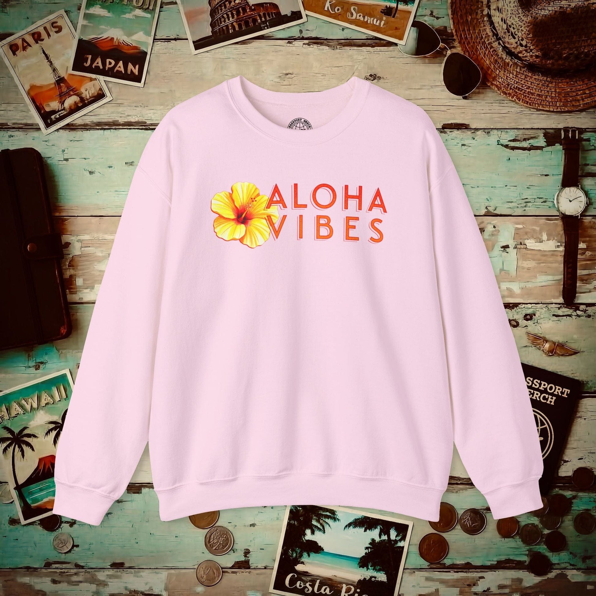 Sun-Kissed Hibiscus Aloha Vibes, Hawaii Crewneck Light Pink / S