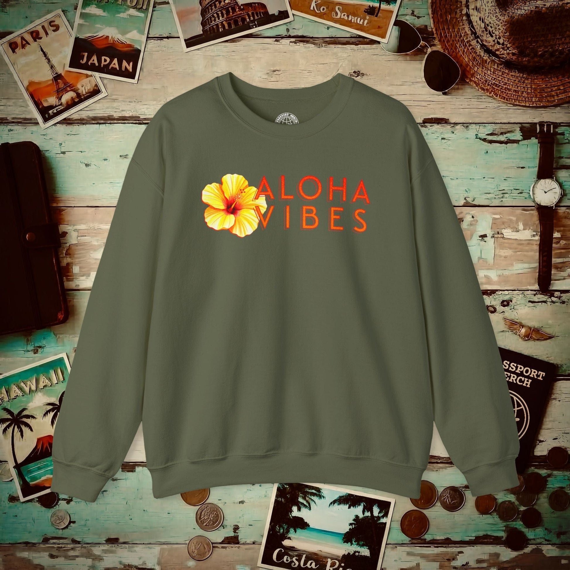 Sun-Kissed Hibiscus Aloha Vibes, Hawaii Crewneck Military Green / S