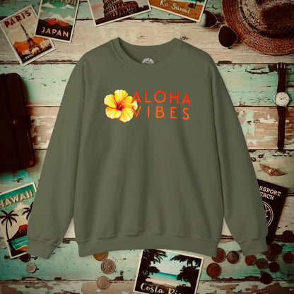 Sun-Kissed Hibiscus Aloha Vibes, Hawaii Crewneck Military Green / S