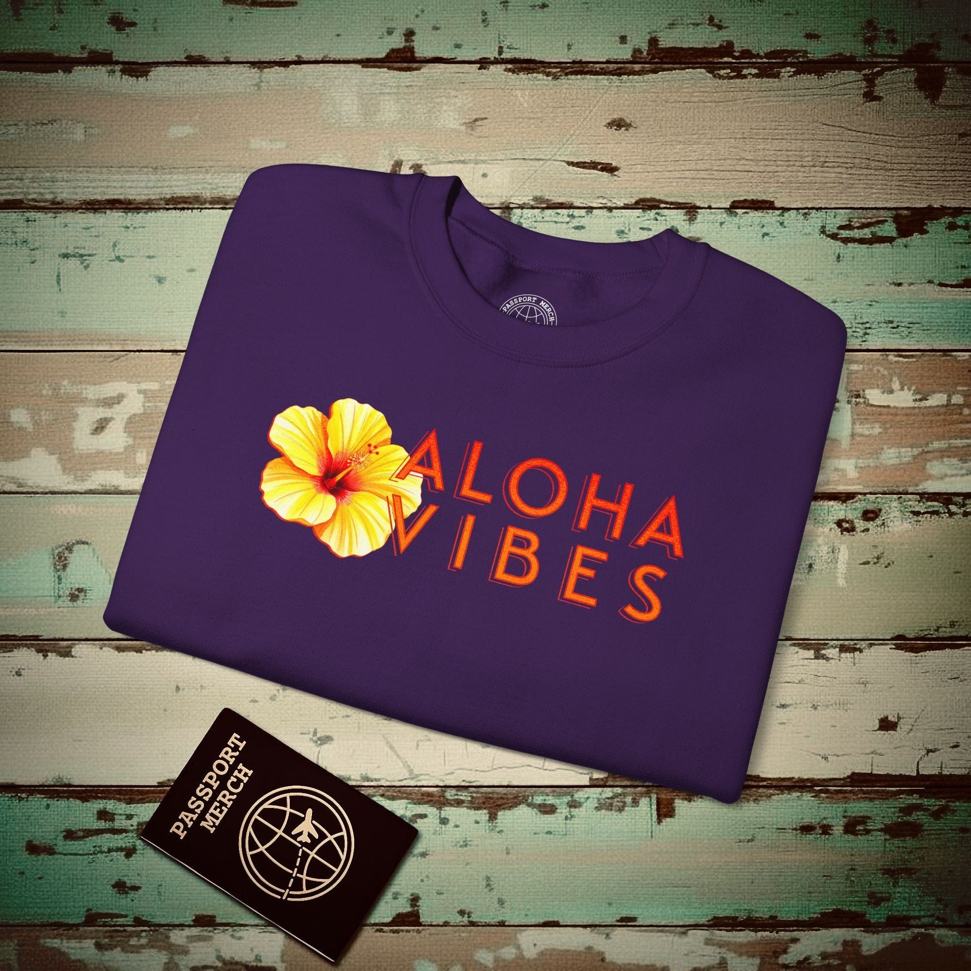 Sun-Kissed Hibiscus Aloha Vibes, Hawaii Crewneck Purple / S
