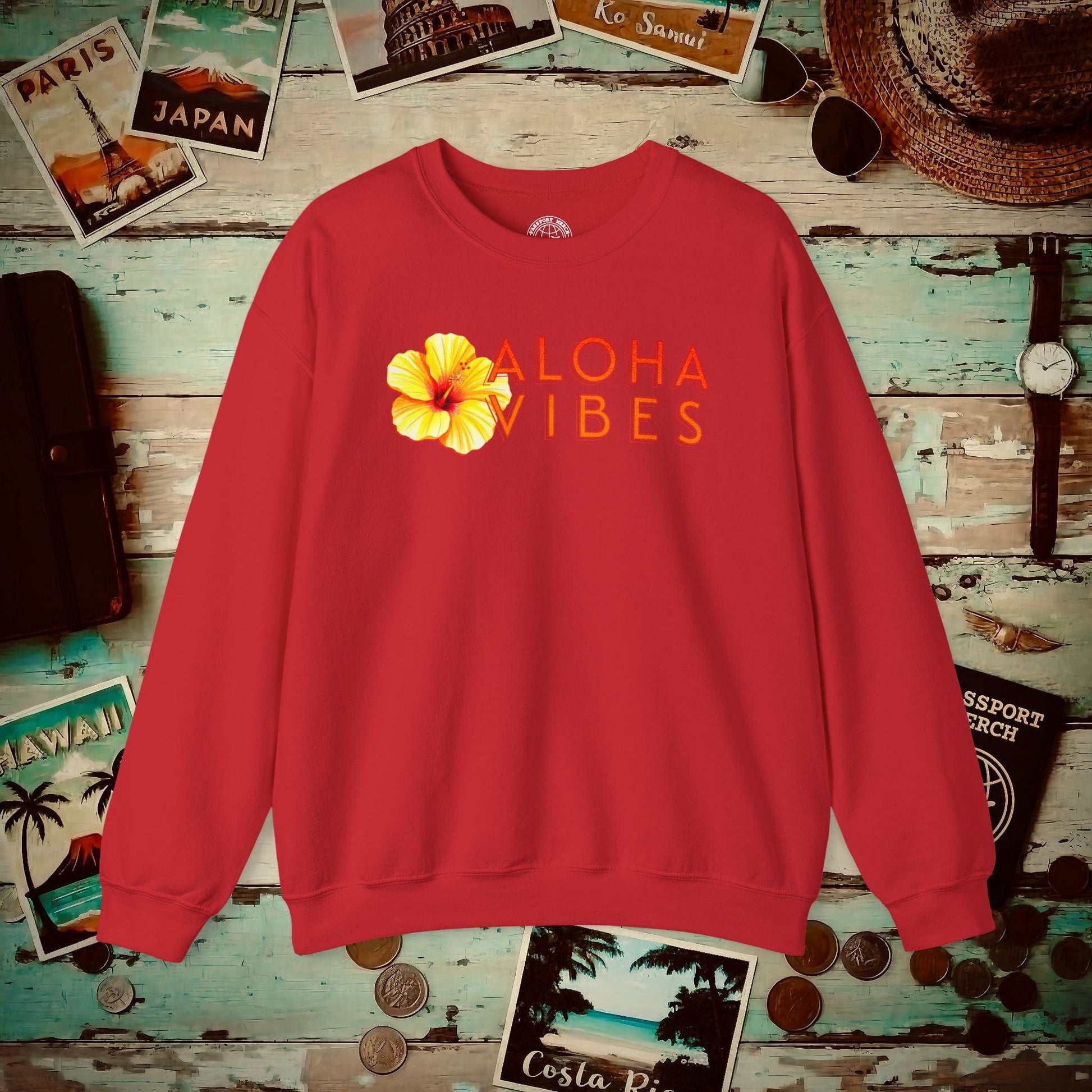 Sun-Kissed Hibiscus Aloha Vibes, Hawaii Crewneck Red / S