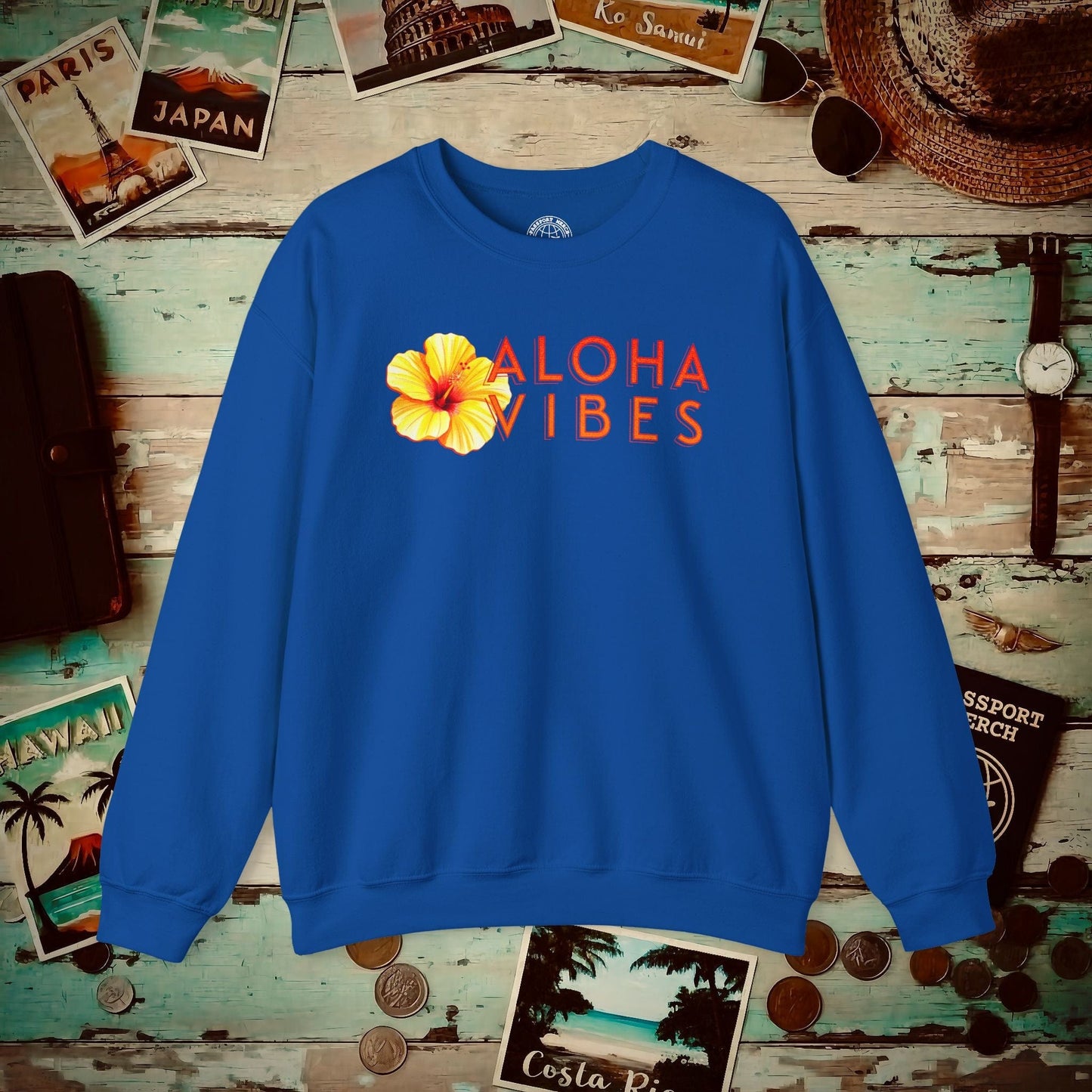 Sun-Kissed Hibiscus Aloha Vibes, Hawaii Crewneck Royal / S